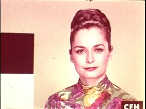 The still features a young woman in a colorful floral dress, commonly used in 16mm film leader known as 'China Girls.' This image served as a color reference for film lab technicians to assess color fidelity during processing. The background includes a black-and-white color test strip, emphasizing the role of these models in film color accuracy.