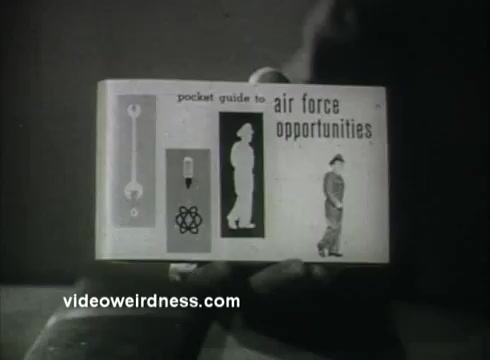The still features a booklet titled 'pocket guide to air force opportunities.' It includes graphic elements like tools, a silhouette of a person, and an atomic symbol, suggesting various career paths and training within the Air Force. The design reflects the 1950s aesthetic, aiming to convey professionalism and modernization in military service.