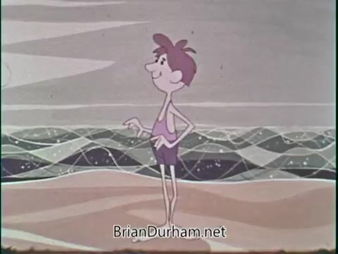 The still features an animated character standing on a beach, looking out toward the ocean. He has a friendly expression and is dressed in a light-colored swimsuit. The background depicts stylized waves and a soft, pastel-colored sky, creating a cheerful and summery atmosphere. The overall tone suggests a lighthearted approach to the promotion of swimming, likely emphasizing health or safety themes related to the National Association of Blue Shield Plans.