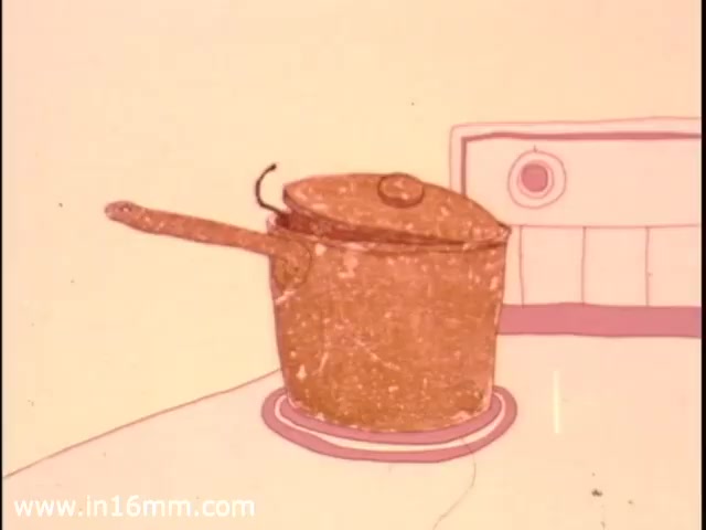 The still features a simplistic, hand-drawn illustration of a pot on a stove, likely indicating a domestic setting. The pot appears somewhat cartoonish with an exaggerated shape, and the stove is minimalistic, characterized by soft colors typical of 1970s animation styles. The overall tone suggests a focus on home life and cleanliness, aligning with the promotional theme of an air freshener product.
