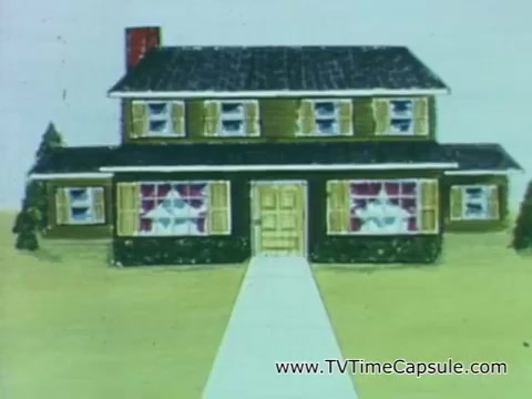 The still features a simple, cartoonish drawing of a two-story house. It has a green exterior with yellow shutters and white window frames, along with a red chimney. A clear path leads to the front door, and the windows are adorned with decorative curtains. This visual aligns with the safety message, emphasizing the importance of reading pesticide labels for safe usage and storage in home environments.