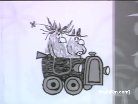 The still depicts a quirky, cartoonish car manned by two humorous characters. The style is characteristic of UPA animation, featuring simple, bold lines and exaggerated features. The characters appear playful, embodying a lighthearted approach typical of 1950s advertising. The background is likely minimal to keep the focus on the characters and their vehicle, highlighting the whimsical nature of the commercial for American Express Travelers Cheques.