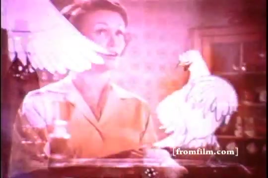 The still features a woman smiling in a homey, vintage kitchen setting, reflecting the warmth of 1970s advertising. Overlaying the image are playful graphics of white doves or chickens, enhancing the product's association with gentleness and care. The soft color tones and nostalgic aesthetic illustrate the promotional approach of the era, emphasizing the dishwashing liquid's effectiveness while maintaining a friendly, approachable vibe.
