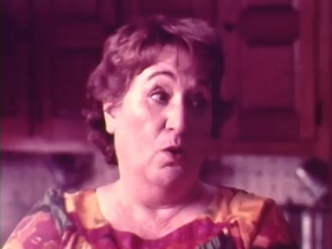 The still shows a woman with curly hair, likely portraying a warm, lively character, reflecting the charm of 1970s advertisements. She is engaged in conversation, possibly highlighting a culinary moment, in a cozy kitchen setting with wooden cabinetry. The colorful floral pattern of her dress adds a vibrant touch typical of that era. This still captures the nostalgic essence of the Chun King Chinese Food commercial featuring Mama Cass.