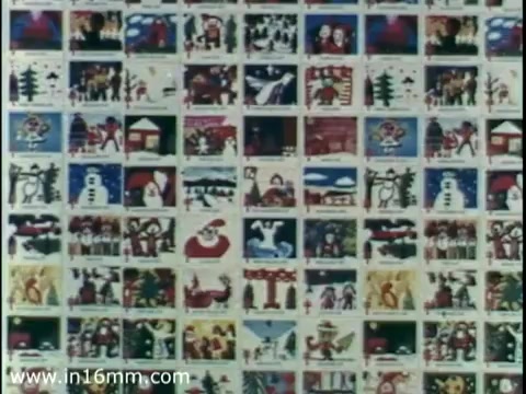 The still features a vibrant collage of holiday-themed images, typical of Christmas card designs. It includes various winter scenes, such as snowmen, Christmas trees, Santa Claus, and festive characters, all presented in a grid format. This artwork reflects the cheerful spirit of the season, typical of 1975's Christmas Seal PSA featuring Vikki Carr.