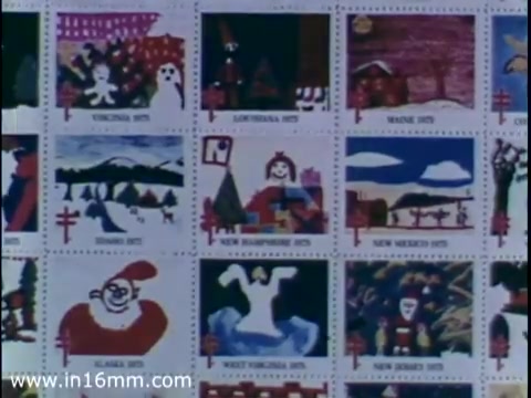 The still features a collection of colorful Christmas seals from various states, each showcasing festive artwork. The designs include images of Santa Claus, winter scenes, and holiday characters, all arranged in a grid format. This visual promotes the 1975 Christmas Seal campaign, emphasizing themes of holiday cheer and charitable giving.