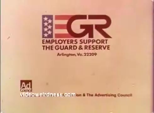 The still features a logo for the 'Employers Support the Guard & Reserve' initiative, emphasizing its support for military personnel. The design includes a stylized American flag and bold lettering. It indicates the program's base in Arlington, Virginia, with a tagline promoting employer support for service members. The bottom includes an 'Ad Council' logo, suggesting collaboration with the Advertising Council. The overall aesthetic reflects the design sensibilities of the 1970s.