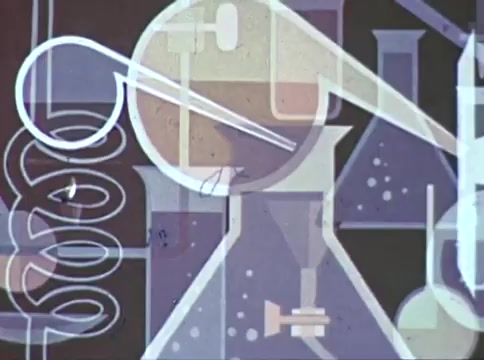 The still from the 1972 American Medical Association PSA features an abstract, stylized depiction of laboratory glassware and scientific instruments. The design uses geometric shapes and a muted color palette, emphasizing a theme related to science and health. The imagery suggests a focus on medical research and technology.
