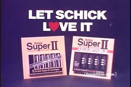 The still features a promotional image for Schick Super II razors from the 1970s. It displays two products: Schick Super II Twin Blade cartridges and Schick Super II Adjustable, highlighting their features. The tagline 'LET SCHICK LOVE IT' is prominently featured, emphasizing the brand's appeal. The design reflects the aesthetic of vintage advertising with bold colors and a straightforward layout.