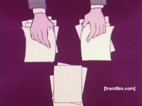 The still from 'IBM: Once Upon A Punched Card (1964)' features a pair of hands sorting through stacks of punch cards. The background has a vibrant purple hue, creating a striking contrast with the white cards. This visual emphasizes the historical significance of punch cards in early computing, illustrating the manual processes involved before the advent of modern technology. The scene encapsulates the era's transition from traditional methods to emerging digital systems. Follow us on Twitter @FromFilm for more vintage insights.