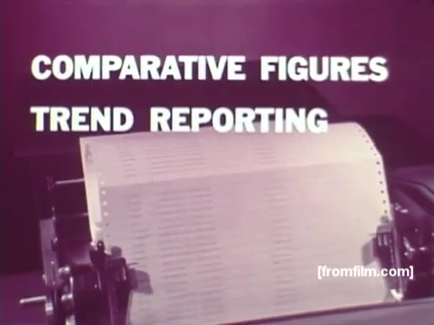 The still from 'IBM: Once Upon A Punched Card' (1964) features a vintage computing scene, highlighting the use of punched cards for data processing. The text overlay reads 'COMPARATIVE FIGURES TREND REPORTING,' indicating a focus on analytics and information management. The image captures the essential technology of the era, showcasing a printing mechanism outputting data from a punched card system. This piece emphasizes the historical significance of punched cards in business and technology during the 1960s. Follow us on Twitter @FromFilm.