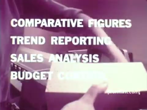 The 16mm still from 'IBM: Once Upon A Punched Card' (1964) showcases a scene focused on various business applications of punch cards. Text elements highlight key functions such as 'Comparative Figures,' 'Trend Reporting,' 'Sales Analysis,' and 'Budget Control.' The visual emphasizes the role of punch cards in data processing during this era, with a hand indicating a box, suggesting interaction with the technology. The vintage aesthetic captures the early days of computing, reflecting on the transformative impact of IBM's innovations. Follow us on Twitter @FromFilm for more insights!
