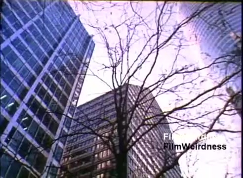 The still features a low-angle shot of modern skyscrapers with a tree in the foreground. It's a blend of urban architecture and nature, capturing a moment in a city setting. The buildings showcase a combination of glass and concrete, reflecting a contemporary aesthetic typical of the mid-1980s. The overall atmosphere suggests a bustling environment, likely emphasizing the relationship between technology and business, pertinent to the IBM System 36's promotional context.