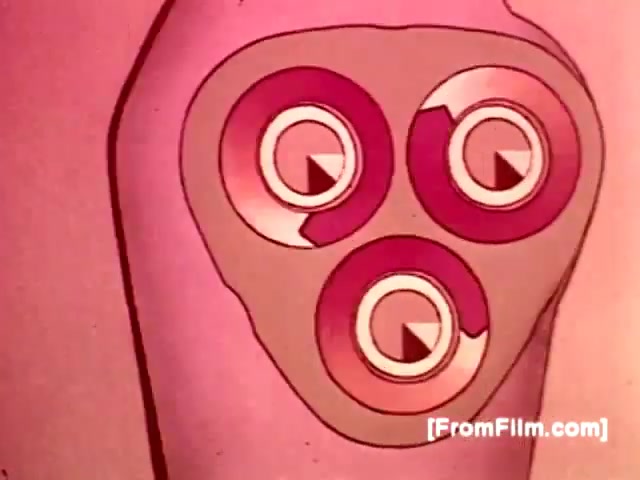 The still from the 'Psychedelic Philips Norleco Shaver Commercial' depicts a close-up view of a shaver head, featuring three circular blades. The design incorporates vibrant colors like pink and red, creating a psychedelic aesthetic typical of early 70s advertising in Brazil. The emphasis is on the futuristic and innovative features of the shaver, aligning with the slogan 'Evoluir faz bem' (Evolution feels good). The visual style reflects the playful and experimental nature of that era's marketing.