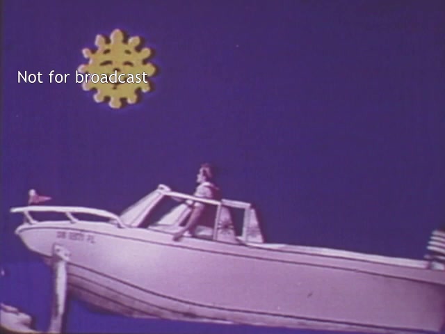 The still from the 1970s US Coast Guard Boating Safety PSA features a simplistic, cartoonish depiction of a boat on a bright blue background. A brightly colored sun or star shape hovers above, adding to the retro aesthetic. The scene is likely intended to convey a cheerful but cringeworthy message about boating safety. The phrase 'Not for broadcast' is prominently displayed, indicating the image is not meant for public viewing. The overall vibe is nostalgic, reflecting the visual style of the era.
