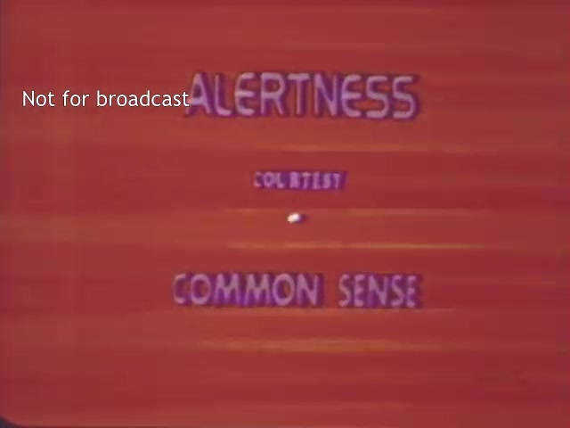 The still features a bold, colorful background with the words 'ALERTNESS,' 'COURTESY,' and 'COMMON SENSE' prominently displayed. This visual is part of a boating safety PSA from the 1970s by the U.S. Coast Guard, emphasizing key principles for safe boating practices. The style reflects the era's graphic design trends. A watermark indicates that it is not intended for broadcast.