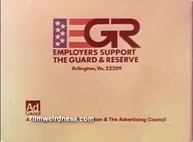 The still features a graphic logo for 'Employers Support the Guard and Reserve' with an American flag motif. Below the logo, it states the organization's location in Arlington, Virginia, followed by a note about its association with the Ad Council. The overall design is simple and focused, emphasizing support for military personnel in the Guard and Reserve.