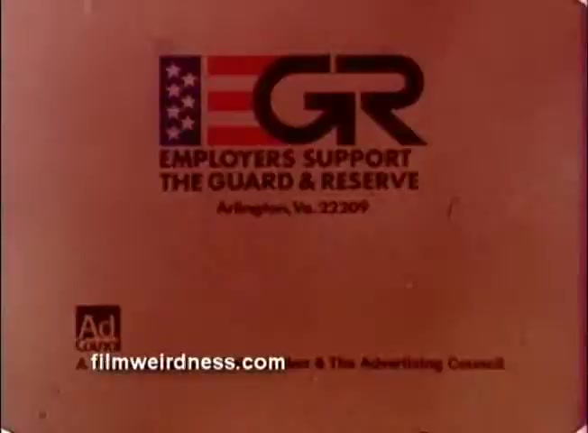 The still features the logo for 'Employers Support the Guard and Reserve' (ESGR) prominently displayed. The logo includes the letters 'EGR' alongside a stylized American flag, signifying support for military personnel in the Guard and Reserve. Below the logo, the full name and location, 'Arlington, Va. 22209,' are clearly printed. The overall presentation reflects a patriotic theme typical of 1980s public service announcements. The print appears to have a warm tone, characteristic of 16mm film.