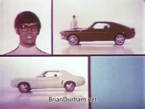 The still features a split-screen format showcasing two Ford Mustangs alongside a character portrayed by Arte Johnson, known for his comedic role on 'Laugh-In.' The backdrop is a vibrant, simplistic design that emphasizes the cars, specifically during a Ford Pop-Option sale. The character appears excited while highlighting the features of the Mustangs, reflecting the promotional tone typical for commercials of that era aimed at enticing viewers to visit their local dealership.