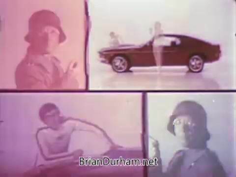 The still from the 1968 Ford Mustang commercial features Arte Johnson, known for his comedic roles on 'Laugh-In.' In the frame, Johnson adopts a humorous pose, possibly imitating a playful or exaggerated character. The background has a bright, colorful aesthetic typical of the era, enhancing the lively vibe of the ad. Centrally, a classic 1968 Ford Mustang is prominently displayed, emphasizing the vehicle as the focal point of the commercial, which promotes Ford's Pop-Option sale. The overall composition reflects a fun, engaging style aimed at attracting viewers’ attention and interest.