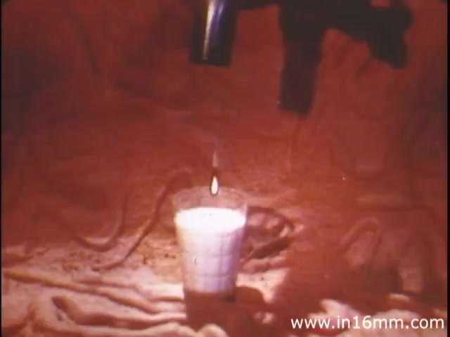 The still from 'I Am Joe's Stomach' depicts a metaphorical representation of the human stomach. It features a cup of liquid beneath a faucet, symbolizing the digestive process. The warm coloration and textured background resemble an internal environment, emphasizing the complexities of digestion. This scene likely illustrates the stomach's functions and the importance of proper care, reflecting the educational tone of the 1980s film through a mix of animation and live-action elements.