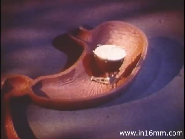 The still from 'I Am Joe's Stomach' features a stylized, three-dimensional representation of a human stomach. The stomach is depicted in a vivid, cartoonish style, emphasizing its shape and texture. Inside it, there is a small bowl or container, possibly symbolizing food or digestive processes. The scene combines animation and live-action elements to illustrate the complexities of digestion and the importance of stomach health, focusing on the humorous and educational narrative surrounding Joe’s experiences with digestive problems.