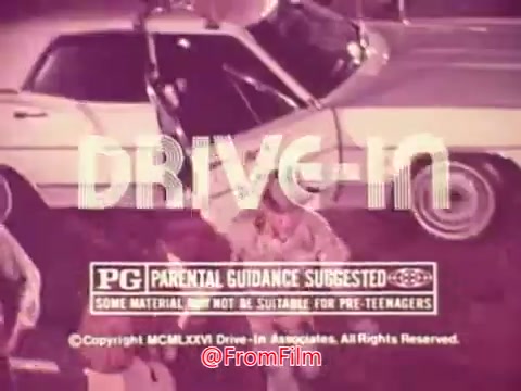 The still features the title 'DRIVE-IN' prominently displayed in bold letters, suggesting a playful retro aesthetic typical of 1970s film marketing. Below the title, a PG rating is indicated, along with a parental guidance note warning that some material may not be suitable for pre-teens. The background shows a classic car and hints at a lively outdoor setting, likely capturing the essence of drive-in theaters of that era. The overall design evokes nostalgia, aimed at a youthful audience, typical of the genre.