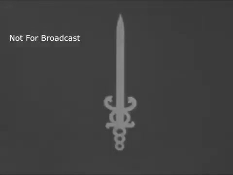 The still features a simple, monochromatic graphic of a sword, which appears to be stylized with a unique design at the hilt. The background is a plain gray, emphasizing the sword's outline. The text 'Not For Broadcast' is prominently displayed in the upper left corner, suggesting that this image is part of an archival piece and is not intended for public airing. This visual likely serves as a symbol of strength or conflict, aligning with the PSA's focus on combating cancer during the 1960s.