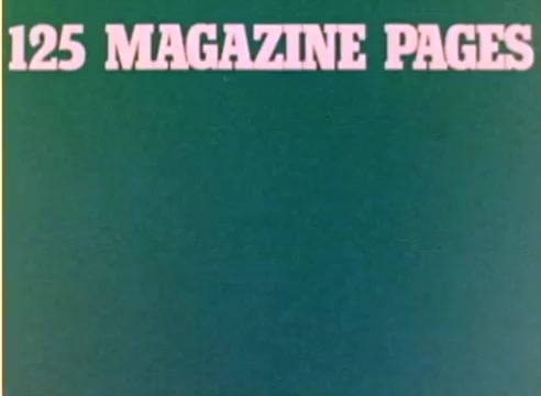 The still features a simple title card with the text '125 MAGAZINE PAGES' prominently displayed in pink against a green background. It is from the silent color negative of a Kodak sales film from 1977, likely aimed at showcasing promotional material related to the Christmas season. The visual style reflects the era's design aesthetics, emphasizing print media in marketing.