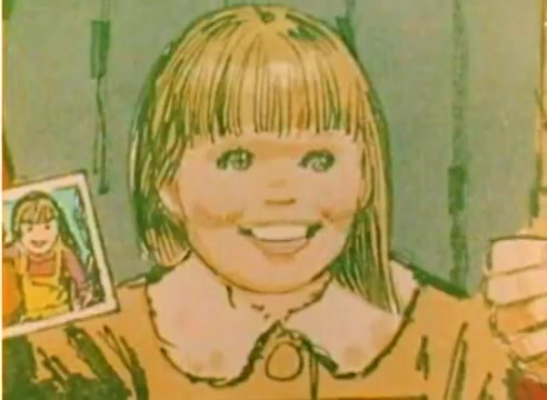 The still from the 16mm silent negative features an animated or stylized illustration of a young girl with a cheerful expression, holding a photo of herself. She has straight hair and wears a collared outfit. The vibrant colors emphasize the joyful mood of the scene, likely intended to evoke the spirit of the 1977 Christmas season in the Kodak sales film.