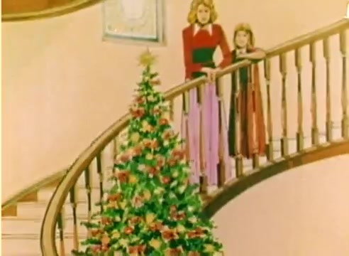 The still showcases a colorful Christmas scene captured in a 16mm silent negative. It features a beautifully decorated Christmas tree adorned with ornaments and ribbons. Two women stand on a staircase, looking down at the tree, embodying a festive and warm atmosphere typical of the holiday season. The overall aesthetic is bright and cheerful, aligning with the promotional intent of the Kodak sales film for Christmas 1977.