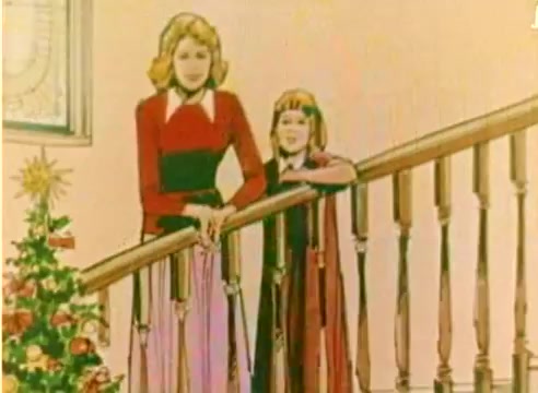 The 16mm still from the 'Kodak 1977 Sales Film' features an animated scene depicting a woman and a girl standing on a staircase. The woman, dressed in a red and black outfit, leans on the railing beside the girl, who is wearing a similar stylized dress. In the background, a decorated Christmas tree adds a festive touch, suggesting a warm holiday theme appropriate for the 1977 Christmas season. The overall tone of the image is cheerful and nostalgic.