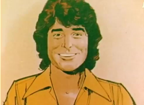 The still shows a stylized, animated representation of a young man with curly hair and a bright smile, wearing a collared shirt. The overall design is reminiscent of 1970s cartoon art, capturing a cheerful and friendly demeanor. The color palette is warm, featuring shades of orange and yellow, which aligns with the festive theme of the 1977 Christmas season. This image likely serves as part of Kodak's promotional content in their sales film featuring Michael Landon and Dick Van Dyke.