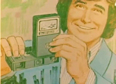 The still features a smiling man, likely portraying Michael Landon, holding a video cassette recorder. He is dressed in a light blue jacket, with a striped shirt underneath. The background is colorful and abstract, presumably to emphasize the festive theme of the 1977 Christmas season. The overall style is characteristic of promotional materials from that era, focusing on innovation in home entertainment.
