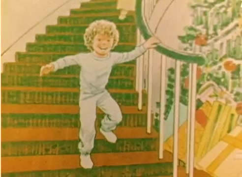The still depicts a young child with curly hair joyfully descending a staircase. The child wears a light blue outfit, exuding excitement and energy. The staircase is adorned with a green railing, and in the background, hints of a festive Christmas tree and colorful gifts are present. The scene conveys a sense of holiday cheer typical of a sales film from the late 1970s, aiming to evoke nostalgia and warmth during the Christmas season.