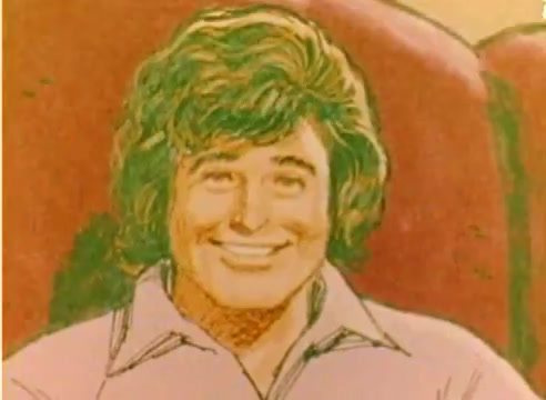 The still features a stylized illustration of a smiling man with curly hair, reminiscent of a relaxed, cheerful demeanor. The background appears warm and inviting, likely set in a cozy environment. This frame comes from a 16mm silent color negative used in a Kodak sales film intended for the Christmas season in 1977. The focus is on promoting a nostalgic, festive spirit tailored to audiences during that time.