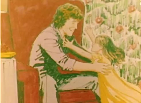 The still features a colorful illustration of a joyful scene, likely depicting a Christmas moment. A man, characterized by curly hair, embraces a young girl wearing a yellow dress. They are positioned in front of a decorated Christmas tree, conveying a sense of warmth and holiday spirit, fitting for a 1977 Kodak sales film. The style appears vibrant and animated, typical of promotional materials from that era.