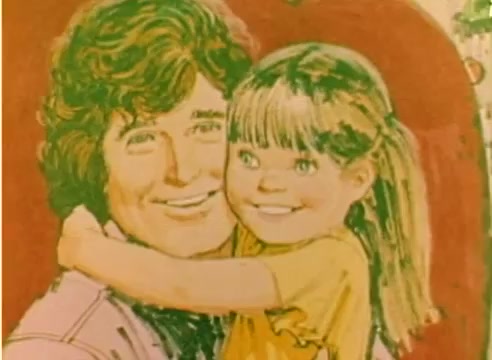 The still depicts a colorful illustration featuring a smiling man with wavy hair, embracing a young girl with straight bangs. Both figures exude warmth and happiness, emphasizing a familial bond. The background suggests a festive atmosphere, likely related to the holiday season promoted in the 1977 Kodak sales film. The artwork reflects the style of the time, combining vibrant colors and friendly expressions to engage viewers.