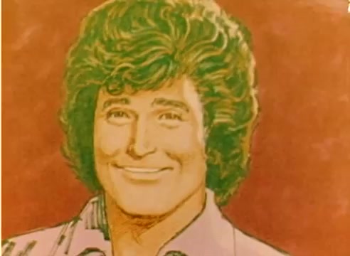 The still features a stylized, artistic rendering of a smiling young man with curly hair, likely depicting Michael Landon. The background is a warm orange hue. The overall tone is cheerful, aligning with the promotional nature of Kodak's 1977 sales film aimed at the Christmas season.