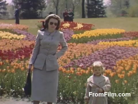 The still captures a vibrant garden scene filled with colorful tulips, showcasing the beauty of post-war Kodachrome film. A woman in a stylish gray suit poses confidently, adorned with sunglasses, next to a young girl in a beige coat. The backdrop features an array of blooming flowers, hinting at a cherished moment before the official Tulip Time Festival in Holland, Michigan. This nostalgic footage reflects a love for floral beauty and familial connections in the late 1940s.