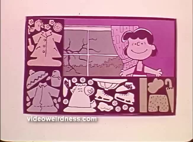 The still features Lucy from 'Peanuts,' smiling as she stands by a window with visible weather elements outside, including what appears to be a storm. Surrounding her are colorful cut-out options for clothing and accessories, representing various weather scenarios, such as raincoats, umbrellas, and winter attire, highlighting the theme of discussing weather. The overall aesthetic is playful and cartoonish, fitting the Colorforms style.