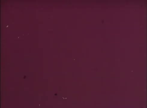 The still features a solid burgundy background with various specks and marks typical of a lab reject from a 16mm print. In the lower left-hand corner, there is an indistinct object, adding to the visual clutter of the frame. The overall composition is simple and flawed, indicative of film processing issues.