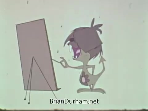 The still features a cartoon character with a quirky design, characterized by a whimsical expression and stylized features. The character is animatedly gesturing towards a blank canvas on an easel, contributing to a playful and engaging tone typical of public service announcements from the 1960s. The overall aesthetic is colorful and vibrant, reflecting the animation style of that era.