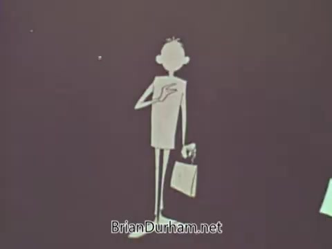 The still features a simplistic, cartoon-like character with a slender body, standing upright and holding a briefcase. The character has a minimalistic design, with a stylized expression, and is positioned against a plain background. This visual style reflects the era's animation techniques and conveys a straightforward, approachable message typical of public service announcements from the 1960s.