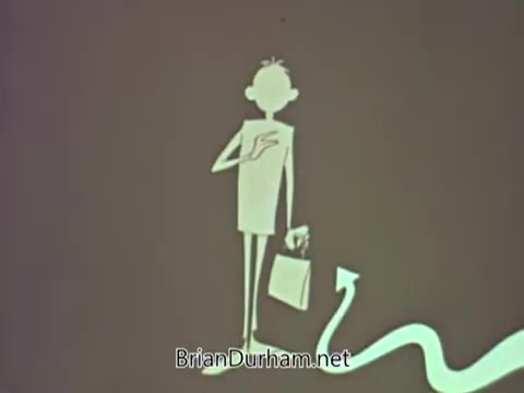 The still features a stylized, thin character standing with a briefcase, indicating a sense of professionalism. The background is a simple, muted color, enhancing the focus on the character. A curved line extends from the character, possibly symbolizing a journey or path, in line with the public service announcement's theme of medical awareness. The overall aesthetic is characteristic of 1960s graphic design, with an emphasis on simplicity and clarity.