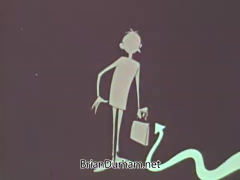 The still from the 'American Medical Association PSA' features a stylized, elongated character holding a briefcase, indicative of a professional figure. The background is simple, with a winding line that suggests movement or a path. The overall aesthetic has a minimalist, cartoon-like quality typical of 1960s public service announcements, focusing on themes related to health and professionalism.