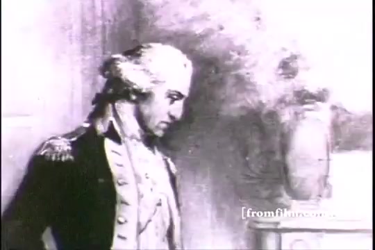 The still depicts a historical figure dressed in military attire, likely representing a leader from the past, introspectively gazing down in a setting that suggests formality or significance. The artwork appears to be a monochromatic depiction, characteristic of early animation styles and 16mm prints, emphasizing the gravity of the moment portrayed in 'Great Moments in History - Army Recruiting.'