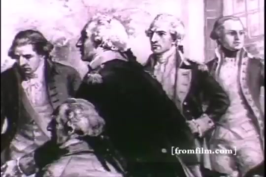 The still from 'Great Moments in History - Army Recruiting' depicts a historical scene featuring notable figures in 18th-century attire, gathered in a discussion or meeting. The expressions convey seriousness and engagement, reflecting the gravity of the moment related to military recruitment. The image captures a moment of leadership and decision-making during a pivotal time in history, likely focusing on themes of patriotism and duty. It appears to be drawn from a 16mm print, indicating a vintage style.