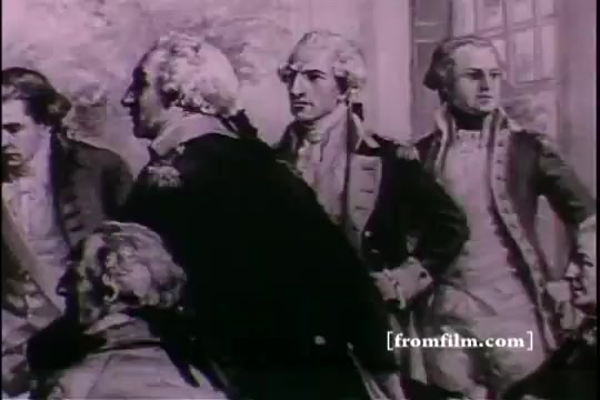 The still from 'Great Moments in History - Army Recruiting' depicts a historical scene featuring several figures in period military attire, likely from the 18th century. The characters are engaged in conversation or deliberation, conveying a sense of importance and camaraderie. The atmosphere suggests a pivotal moment related to army recruitment, with an emphasis on leadership and decision-making. The visual style is characteristic of the time, possibly using animation or a stylized representation of historical events.