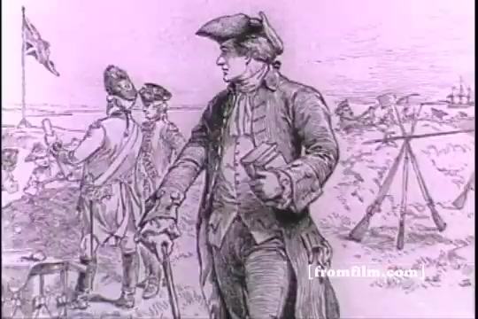 The still depicts a historical scene featuring soldiers and a central figure dressed in period attire, likely from the 18th century. The man, holding a book or document, appears to be in a thoughtful or commanding pose. Two other soldiers are visible in the background, adding to the military context. The overall aesthetic is reminiscent of a drawing, suggesting it may portray a moment related to army recruitment. The background includes flags and a landscape hinting at a military setting.